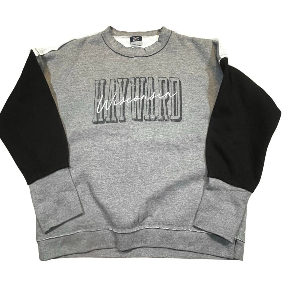Hayward Wisconsin‎ Colorblock Crewneck Sweatshirt Gray Black Spellout Women L